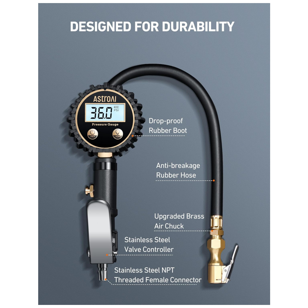 Manômetro Digital AstroAI com Inflador de Pneus - 3250 PSI 0,1 de Resolução de Display, Bico de Ar Resistente e Acessórios para Compressor - Imagem 4