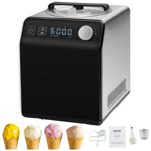 Máquina de Sorvete Automática 18L com Compressor Embutido 4 Modos Temporizador e Painel Digital Vertical VEVOR Preta e Prata
