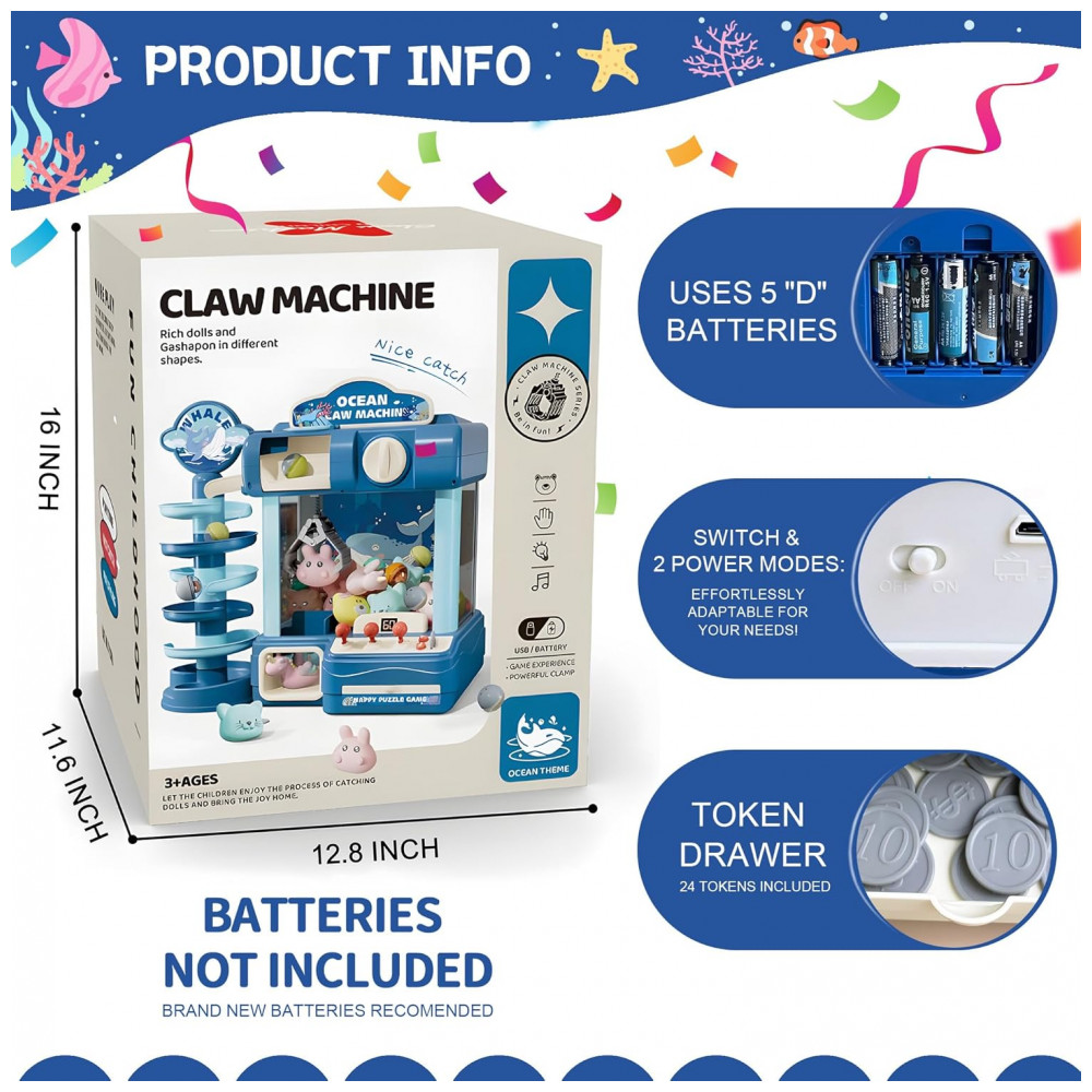Máquina de Garra ROHSCE Azul para Crianças, Brinquedo Arcade Eletrônico com Luz e Som, Mini Vending Machine para Festa e Presente de Aniversário - Imagem 4