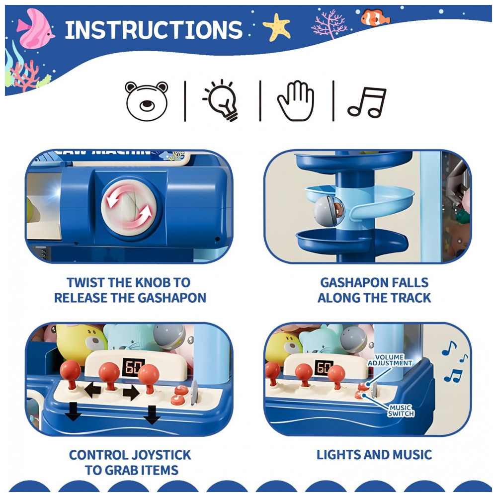 Máquina de Garra ROHSCE Azul para Crianças, Brinquedo Arcade Eletrônico com Luz e Som, Mini Vending Machine para Festa e Presente de Aniversário - Imagem 5