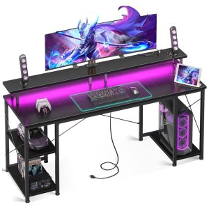 Mesa Gamer de Fibra de Carbono 63" 160 cm com Luz LED Tomadas Prateleiras de Armazenamento e Suporte para Monitor 110V ODK Preto