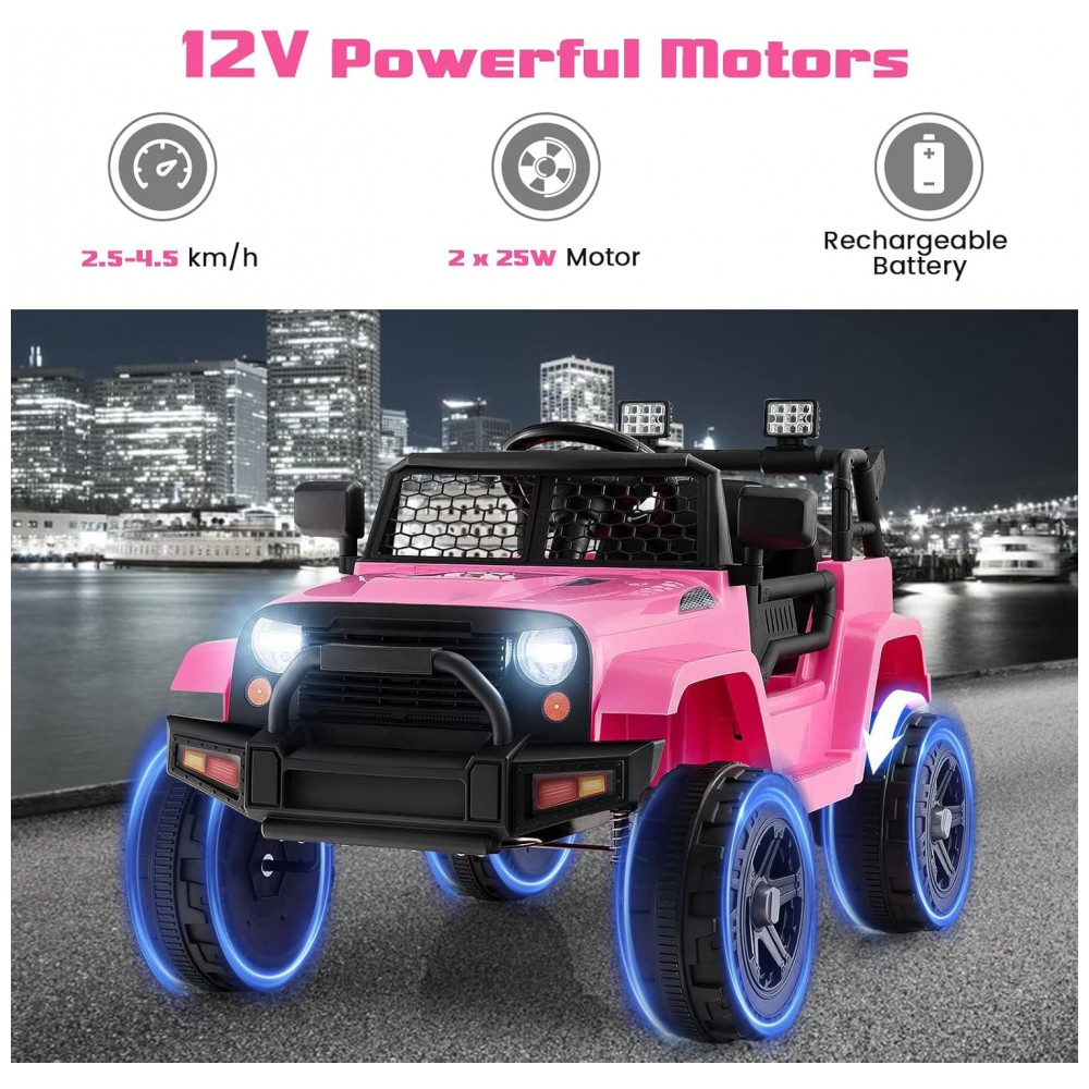 Caminhão Elétrico Infantil OLAKIDS Rosa 12V Jeep 2 Velocidades Controle Remoto Suspensão Porta Dupla LED Música USB MP3 TF - Imagem 3