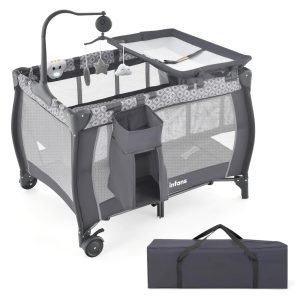 Berço Cercado Portátil 3 em 1 Dobrável com Colchão Removível Trocador Móbile Bolsa de Transporte e 2 Rodas INFANS Cinza