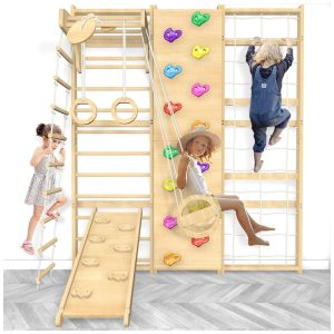 Kit de Treino Completo para Casa com Escada de 3m Balanço Corda Barra Fixa Escorregador e Parede de Escalada em 1 - Ideal para Ginástica e Diversão