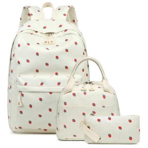 Mochila escolar Bluboon juvenil feminina bege com estampa de morangos conjunto 3 peças com lancheira térmica e estojo para notebook 355 cm