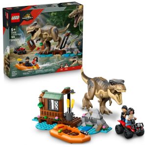 LEGO Jurassic World T. rex River Escape conjunto de construção 199 peças com T. rex articulado barco e minifiguras