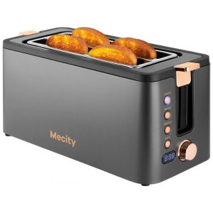 Torradeira Elétrica 4 Fatias 6 Níveis de Tostagem de Aço Inoxidável com Temporizador Funções de Bagel Descongelar Reaquecer e Bandeja de Migalhas 110V 1300W Mecity Cinza
