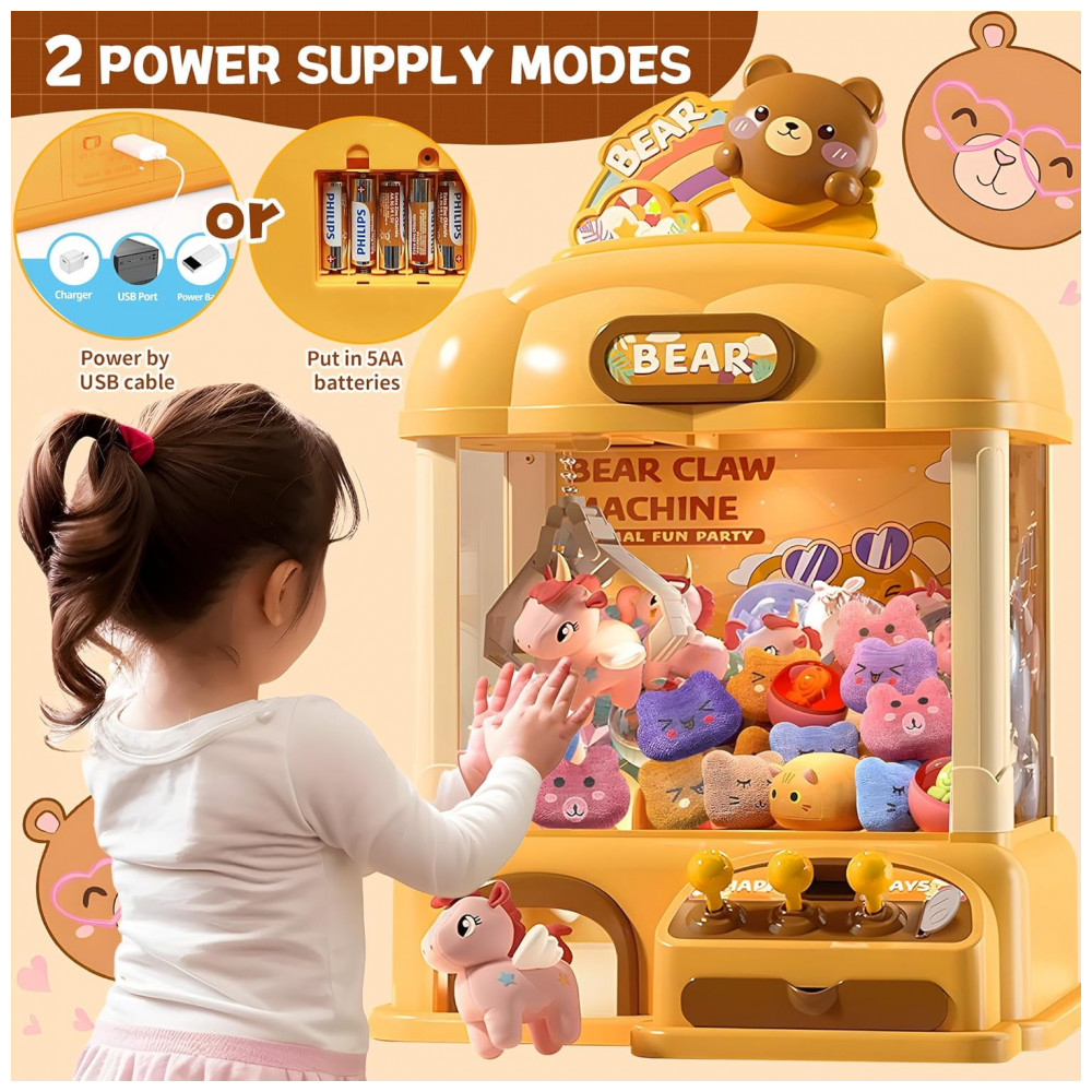 Máquina de Garra Mini Arcade ROHSCE Urso Amarelo com Luzes LED, Som e Movimento 360° para Crianças - Imagem 4