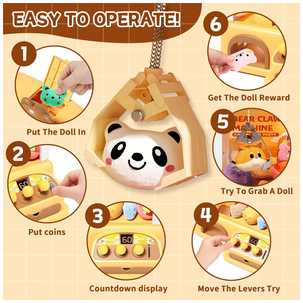 Máquina de Garra Mini Arcade ROHSCE Urso Amarelo com Luzes LED, Som e Movimento 360° para Crianças - Imagem 7