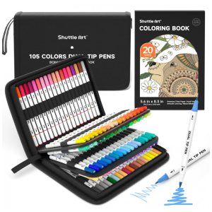 Conjunto de Canetas Artisticas 105 Cores com Ponta Dupla Eestojo e 1 Livro de Colorir para Crianças Shuttle Art