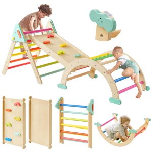 Conjunto Tiny Land Pikler Triangle Set 7 em 1 Montessori Dobrável para Crianças - Playground de Madeira para Meninos e Meninas