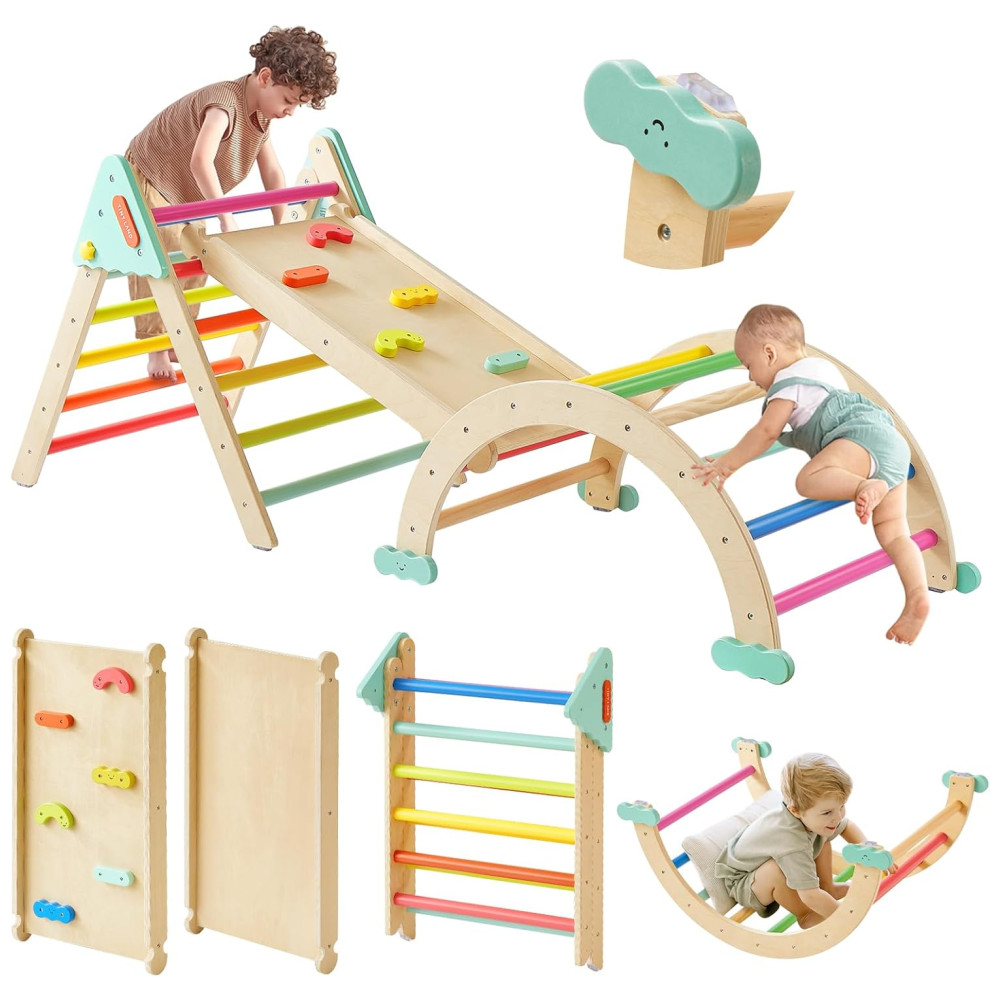 Conjunto Tiny Land Pikler Triangle Set 7 em 1 Montessori Dobrável para Crianças - Playground de Madeira para Meninos e Meninas