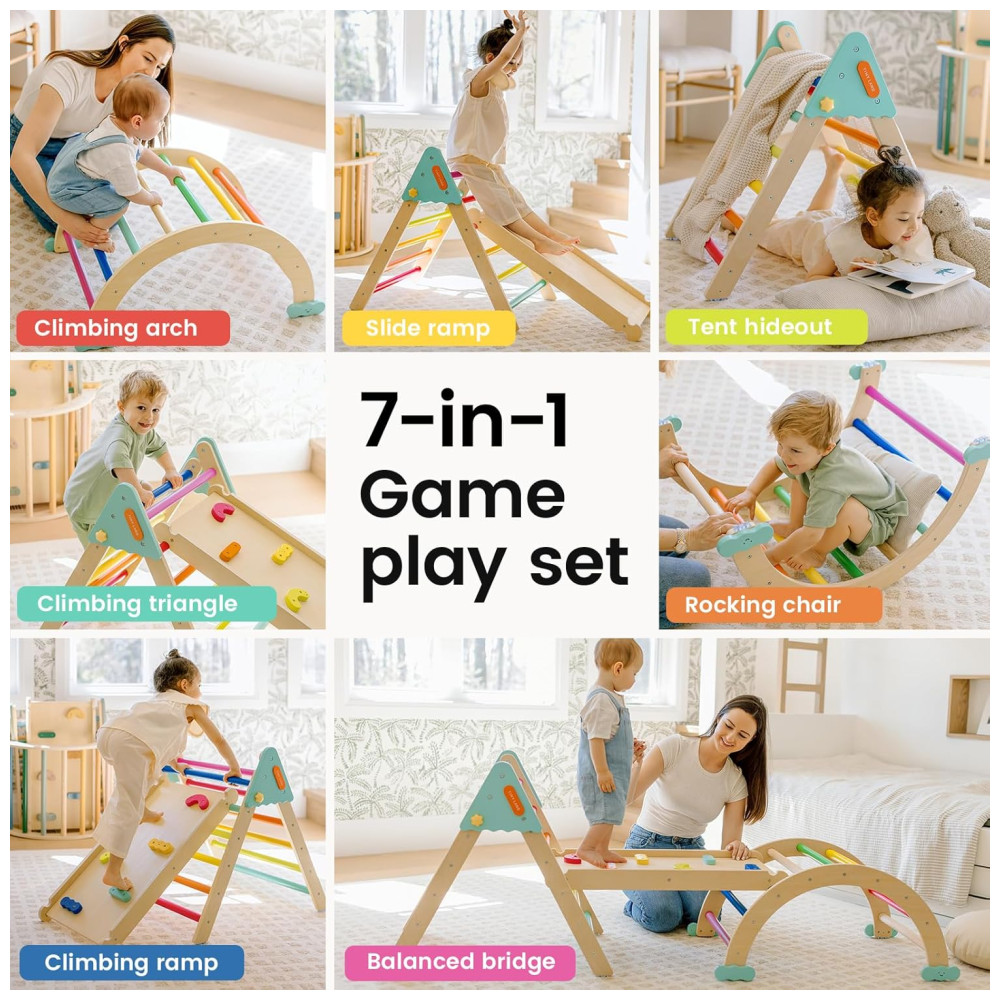 Conjunto Tiny Land Pikler Triangle Set 7 em 1 Montessori Dobrável para Crianças - Playground de Madeira para Meninos e Meninas - Imagem 3