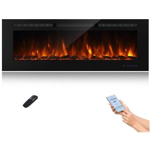Lareira Elétrica Inteligente de 152 cm com Wi-Fi 5 Ajustes de Chama Troncos ou Cristais Controle de Temperatura por Painel Touch Masarflame