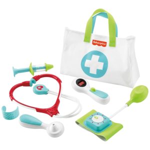 Kit Médico Fisher-Price com 7 peças para brincar de médico. Ideal para crianças a partir de 3 anos. Inclui bolsa e acessórios em tamanho infantil.