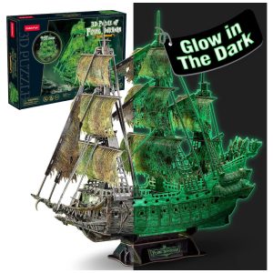 Quebra Cabeças 3D para Adultos Tema Navio Pirata - O Holandês Voador com 360 Peças e Brilha no Escuro CubicFun Preto