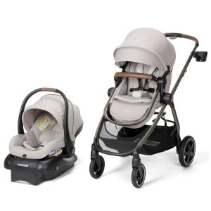 Carrinho de Bebê Travel System 5 em 1 Modular com Porta-Copos Barra de Proteção e Capa de Chuva Maxi Cosi Zelia Luxe Bege