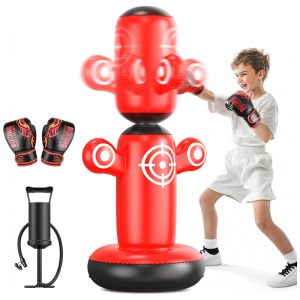 QPAU Bolsa de Pancadas Inflável 360° Rotativa para Crianças com Luvas e Bomba de Ar - Brinquedo de Boxe Vermelho