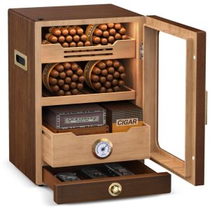 Humidor de charutos com Capacidade para Armazenar de 100 a 150 Cigarros Gavetas e 3 Umificadores de Cigarros Design Único e Material de Qualidade