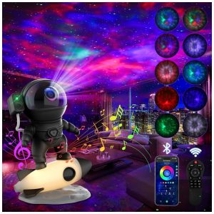 Projetor de Galáxia Astronauta para Quarto Luz de Galáxia com Controle Remoto via App Ruídos Brancos Alto-Falante Bluetooth Luz Noturna de Foguete