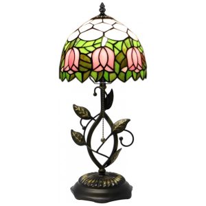 Luminária de Mesa Tiffany MQYXH Tulipa Rosa - Vidro Colorido e Base em Resina Metalizada Bronze 20x20x46 cm