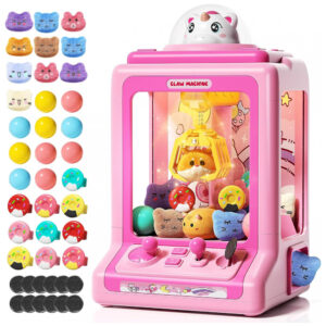 Máquina de Garra Rosa Jovow – Mini Arcade Infantil com 30 Mini Brinquedos, Luzes LED, Som e Versão Personalizável
