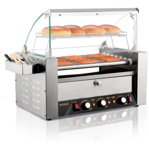 Máquina para Cachorro Quente 7 Rolos até 18 Salsichas com Luz LED Controle de Temperatura Duplo e Aquecedor de Pão 110V 1200W ROVSUN Prata