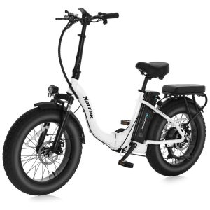 Bicicleta Elétrica Dobrável Narrak S129 Vermelho Motor Traseiro 750W e Pico 1100W Bateria 48V 13Ah 624Wh Pneus Largos 20 x4 Freios a Disco Duplos Suspensão Dianteira e Transmissão SHIMANO 7 Velocidades e velocidade máxima de 45km/h BRANCO