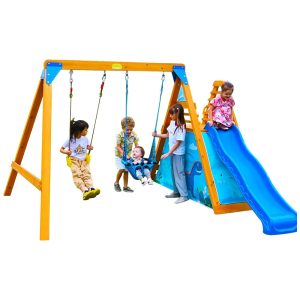 Playground Infantil de Madeira com Escorregador de Ondas 2 Balanços e Parede de Escalada SuniBoxi Amarelo e Azul