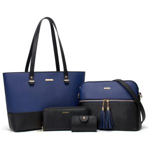 Conjunto de Bolsas Femininas em Couro Sintético 4 Peças com Carteira Lovematch Preto e Azul