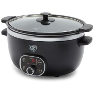 Panela Slow Cooker GreenLife 6QT Preta Cerâmica Antiaderente PFAS-Free Programável Bowl Removível Timer Lava-louças 110V