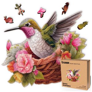 Quebra Cabeças em Madeira MDF para Adultos Tema Pássaro Glorious Hummingbird e Flores com 500 Peças LEOGOR Branco e Rosa