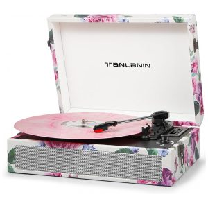 Toca Discos Vintage com 3 Velocidades Alto Falantes Embutidos Gravação USB e Entrada para Fone TANLANIN Branco Floral