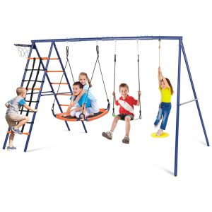 Playground Infantil de Metal com Cesta de Basquete Redes de Escalada Ajustáveis e Balanços SIHANM Azul