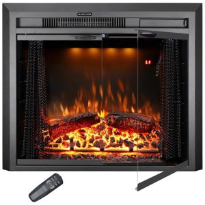 Lareira Elétrica de Embutir A53x64L cm com Controle Remoto Porta de Vidro Tela de Malha Som de Crepitação de Fogo 3 Cores de Chamas Ajustáveis e Luz Superior 110V 1500W Velaychimney Preta
