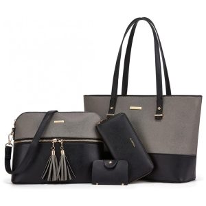 Conjunto de Bolsas Femininas em Couro Sintético 4 Peças com Carteira Lovematch Preto e Cinza Escuro