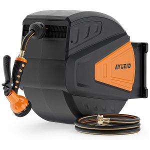 Mangueira de Jadim 30M com Enrolador Retrátil Bico Pulverizador 9 Funções e Sistema de Retorno Lento Ayleid Laranja e Preto