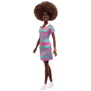 Barbie Fashionistas 247 - Boneca com Cabelos Cacheados Pretos Vestido Listrado Rosa e Verde Relógio Laranja e Tênis Branco