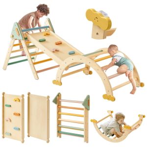 Conjunto Tiny Land Pikler Triangle Montessori 7 em 1 Dobrável para Escalada de Crianças Ginásio de Madeira para Playground Interno