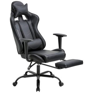 Cadeira de escritório Cadeira de jogos para PC Cadeira de mesa ergonômica executiva de couro PU cadeira de computador com apoio lombar com apoio para os pés Cadeira de corrida giratória giratória para mulheres e homens preta