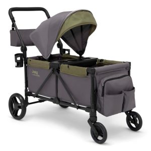Carrinho de Passeio Vagão Duplo Multifuncional com Capota e Armazenamento Jeep Cinza e Verde