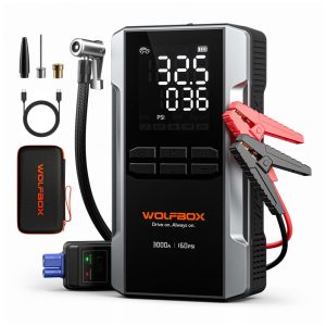 Jump Starter (Aux.de partida) com Compressor WOLFBOX 3000A Preto 59.2Wh 160 PSI Gasolina 8L Diesel 6L 12V