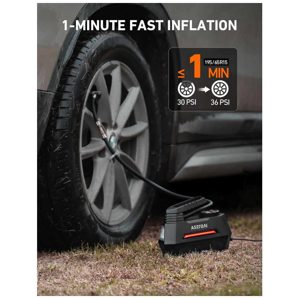 Compressor de Ar Portátil 100 PSI Recarregável com Tela LED e Manômetro Digital 12V 120W AstroAI AC220R Preto e Vermelho - Imagem 2