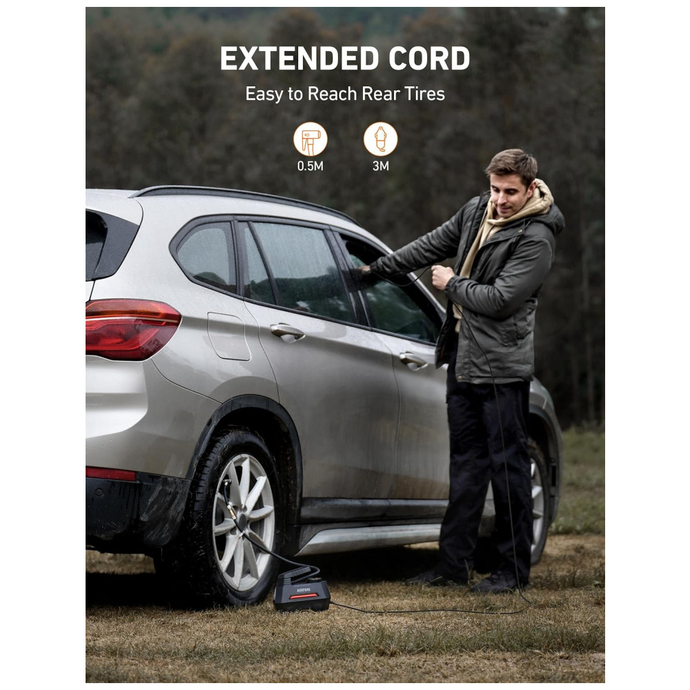 Compressor de Ar Portátil 100 PSI Recarregável com Tela LED e Manômetro Digital 12V 120W AstroAI AC220R Preto e Vermelho - Imagem 6