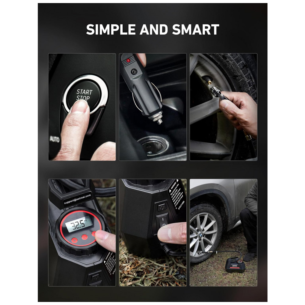 Compressor de Ar Portátil 100 PSI Recarregável com Tela LED e Manômetro Digital 12V 120W AstroAI AC220R Preto e Vermelho - Imagem 8