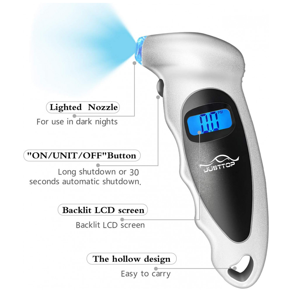 Medidor de Pressão de Pneus Digital JUSTTOP, 150PSI 4 Configurações para Carros, Caminhões e Bicicletas, LCD Retroiluminado e Pegada Antiderrapante - Imagem 2