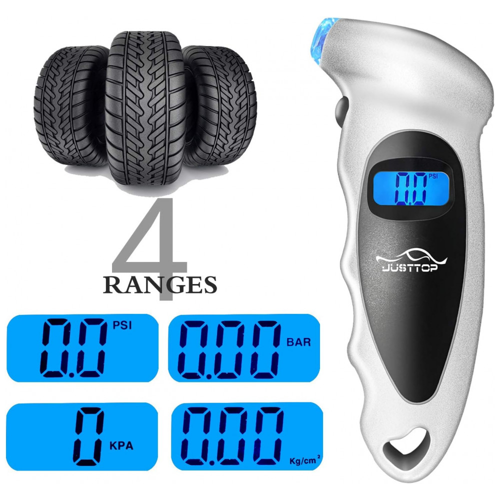 Medidor de Pressão de Pneus Digital JUSTTOP, 150PSI 4 Configurações para Carros, Caminhões e Bicicletas, LCD Retroiluminado e Pegada Antiderrapante - Imagem 3