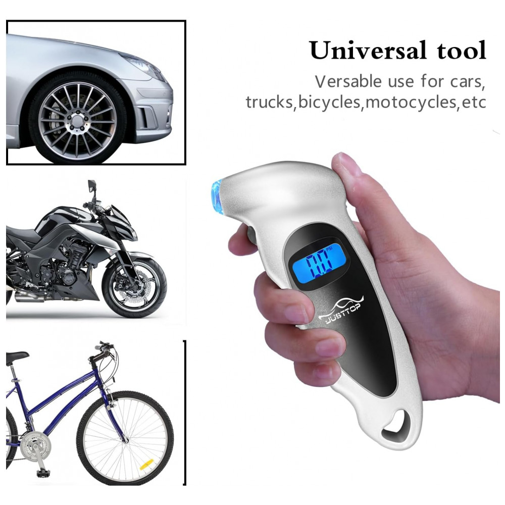 Medidor de Pressão de Pneus Digital JUSTTOP, 150PSI 4 Configurações para Carros, Caminhões e Bicicletas, LCD Retroiluminado e Pegada Antiderrapante - Imagem 5
