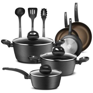 Conjunto de Panelas Antiaderentes e Utensílios 12 Peças NUTRICHEF NCCW12S.5 Preto