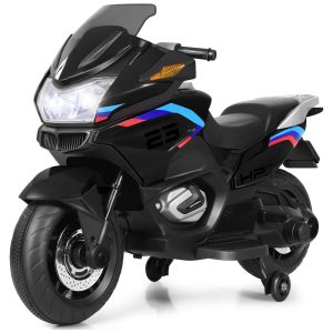 Moto Elétrica Infantil a Bateria 12V com Rodas de Treinamento e Luz LED HONEY JOY Preta